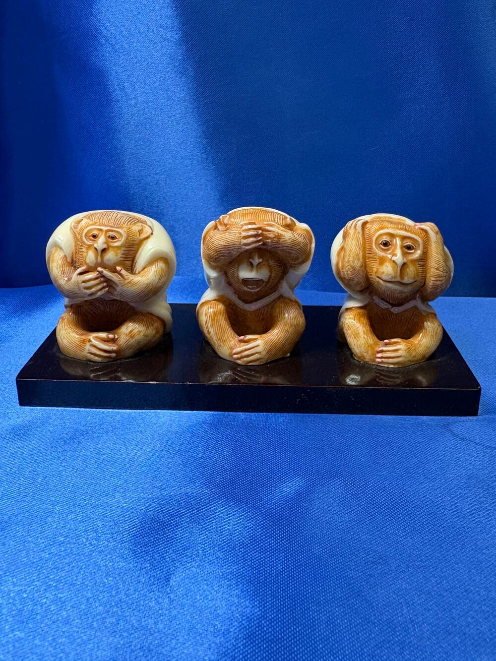 Three Wise Monkeys See Speak Hear No Evil Resin Monkeys on Wood Base